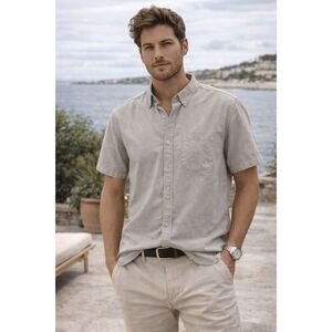 Travik Gray 100% Cotton Button Up Short Sleeve Shirt Top  Mens Size Small